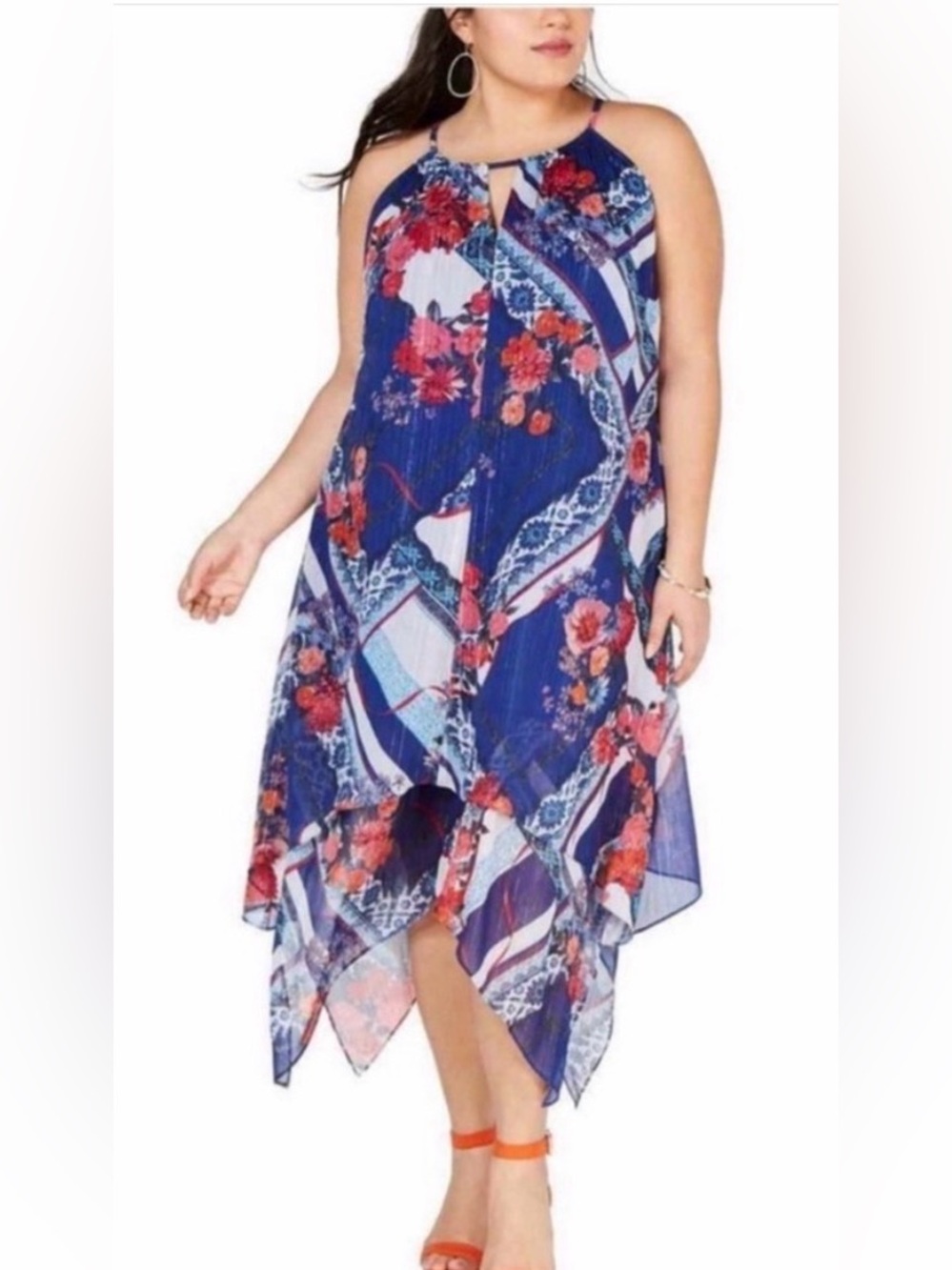 INC International Concepts Blue and Pink Floral Asymmetrical Midi Dress